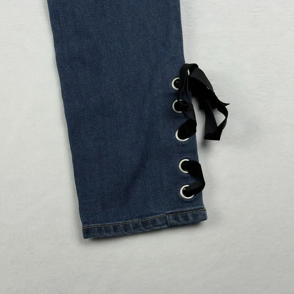 Cato High Rise Jeans Lace up Hem Women's 10 Petite (30x27 Fit) Dark Blue Denim - Picture 10 of 15